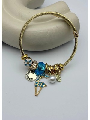 Biju Yılmaz Çelik Gold Inci Taşlı Mavi Geyik Charmlı Pandora Bileklik - 26BLK45