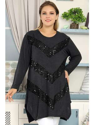 Kheos Yuvarlak Yaka Uzun Kol Dökümlü Tunik Siyah Taş Detaylı Kadın 50-52 Beden Özellikli