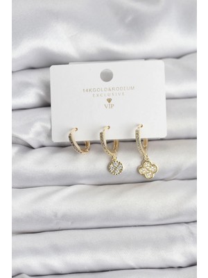 Aesco Mey Ithalat® Pirinç Gold Renk Yonca Model 3'lü Kadın Küpe Seti