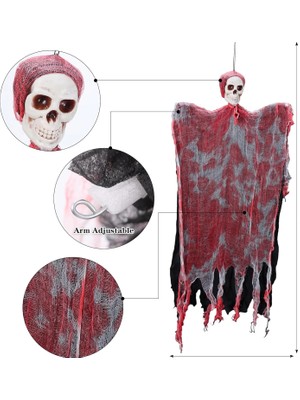 Aesco Mey Ithalat® LED Işıklı Kahkaha Atan Sesli Sensörlü Ürpertici Kuru Kafa Kanlı Korku Hayalet Saçaklı Dekor 90X50 cm
