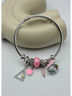 Biju Yılmaz Çelik Silver Taşlı Üçgen Pembe Istiridye Charmlı Pandora Bileklik - 26BLK57