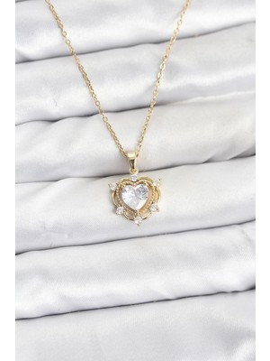 Aesco Mey Ithalat® 316L Çelik Zincir Gold Renk Kalp Model Zirkon Taşlı Kadın Kolye