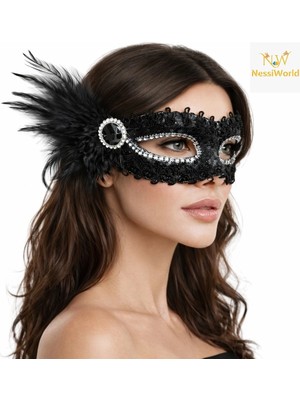 Aesco Mey Ithalat® Siyah Taşlı Venedik Parti Maskesi – Tüylü Payetli