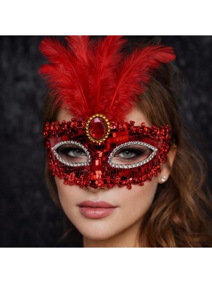 Aesco Mey Ithalat® Lüks Kırmızı Tüylü Taşlı Balo Maskesi
