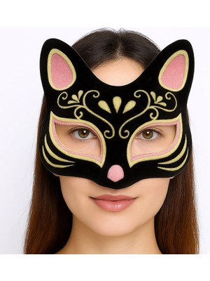 Aesco Mey Ithalat® Siyah Renk Süet Kaplama Üzeri Pembe Sarı Simli Kedi Maskesi 17X14 cm