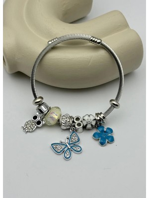 Biju Yılmaz Çelik Silver Taşlı Baykuş Kelebek Mavi Çiçek Charmlı Pandora Bileklik - 26BLK60