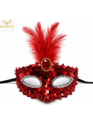 Aesco Mey Ithalat® Lüks Kırmızı Tüylü Taşlı Balo Maskesi