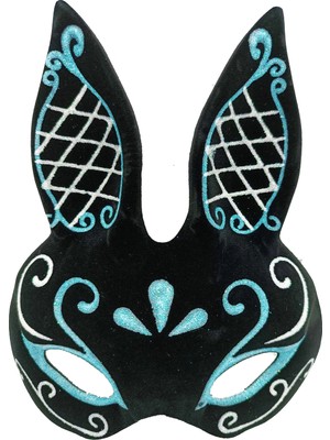 Aesco Mey Ithalat® Siyah Renk Mavi Beyaz Simli Siyah Süet Kaplama Tavşan Maskesi 18X16 cm