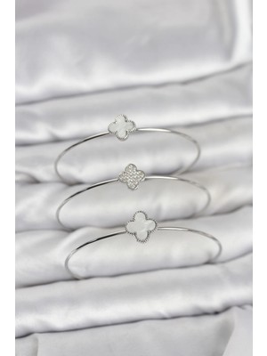 Aesco Mey Ithalat® Gümüş Renk Yonca Model Zirkon Taşlı 3'lü Kadın Bileklik Kombini