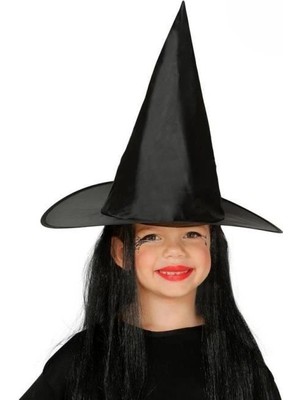 Aesco Mey Ithalat® Çocuk Boy Siyah Cadı Şapkası ve Uzun Siyah Cadı Peruğu