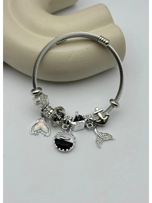 Biju Yılmaz Çelik Silver Taşlı Balık Siyah Charmlı Pandora Bileklik - 26BLK53