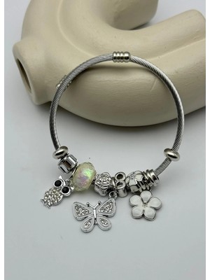 Biju Yılmaz Çelik Silver Taşlı Baykuş Kelebek Beyaz Çiçek Charmlı Pandora Bileklik - 26BLK49