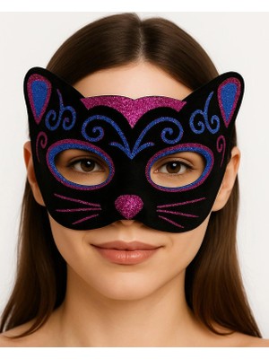 Aesco Mey Ithalat® Siyah Kadife Kaplama Üzeri Pembe Mavi Sim Işlemeli Kedi Maskesi 20X13 cm