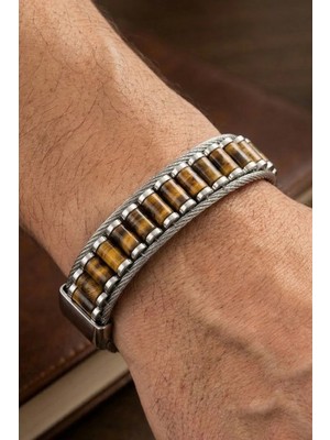 Perlavita El Yapımı Orijinal Kaplan Gözü Çelik Erkek Bileklik - Sertifikalı Özel Tasarım Erkeğe Hediye (21.5 Cm)