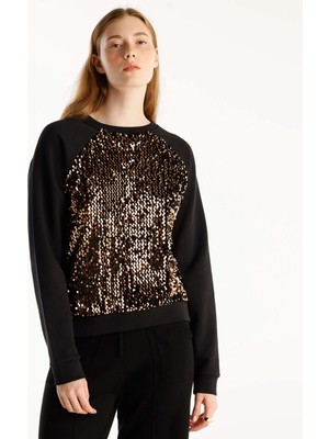 Payetli Bisiklet Yaka Reglan Kol Sweatshirt