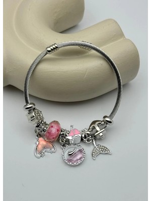 Biju Yılmaz Çelik Silver Taşlı Balık Pembe Charmlı Pandora Bileklik - 26BLK51
