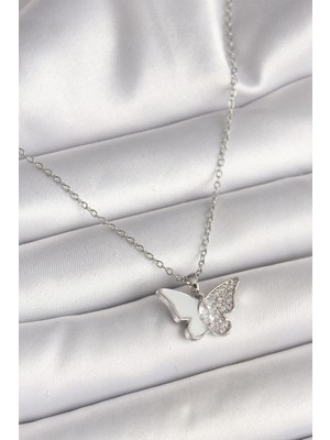 Aesco Mey Ithalat® 316L Çelik Gümüş Renk Zincir Zirkon Taşlı Beyaz Mineli Kelebek Model Kadın Kolye