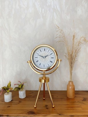 Aesco Mey Ithalat® Gold Metal Mini Tripod Çini Desenli Roma Rakamı Masa Saati 45×26 cm