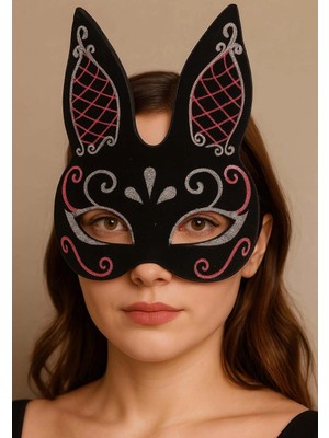 Aesco Mey Ithalat® Siyah Renk Kırmızı Beyaz Simli Siyah Süet Kaplama Tavşan Maskesi 18X16 cm