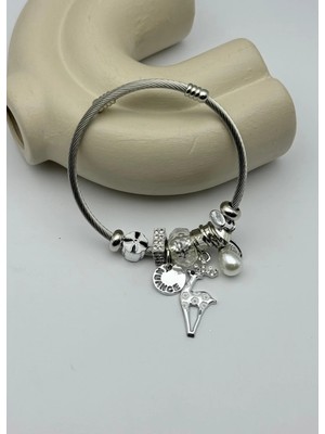 Biju Yılmaz Çelik Silver Taşlı Beyaz Geyik Charmlı Pandora Bileklik - 26BLK63