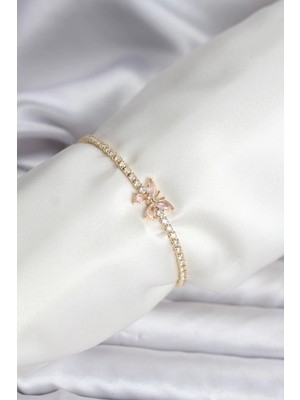 Aesco Mey Ithalat® Kelebek Model Zirkon Taşlı Gold Renk Pirinç Su Yolu Kadın Bileklik