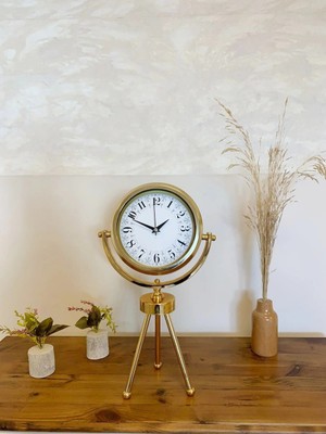 Aesco Mey Ithalat® Gold Metal Mini Tripod Desenli Masa Saati 45×26 cm