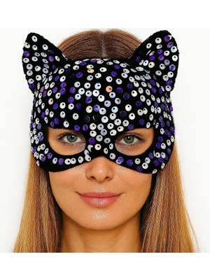 Aesco Mey Ithalat® Siyah Kadife Kumaş Üzerine Mor Beyaz Payetli Pullu Parti Maskesi 16X14 cm