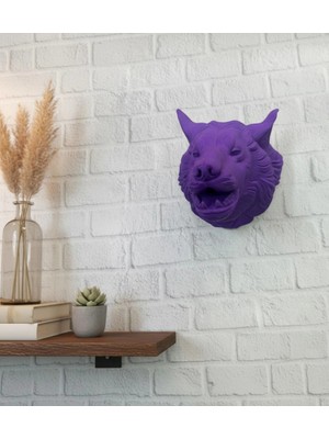 Aesco Mey Ithalat® Mor Renk 3D Kurt Başı Duvar Dekoru Asılabilir Maskot Heykel 25X19 cm