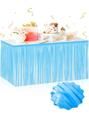 Aesco Mey Ithalat® Kendinden Yapışkanlı Makaron Mavi Püsküllü Masa Eteği – 75 x 275 cm Parti Süslemesi