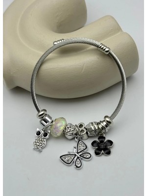 Biju Yılmaz Çelik Silver Taşlı Baykuş Kelebek Siyah Çiçek Charmlı Pandora Bileklik - 26BLK50