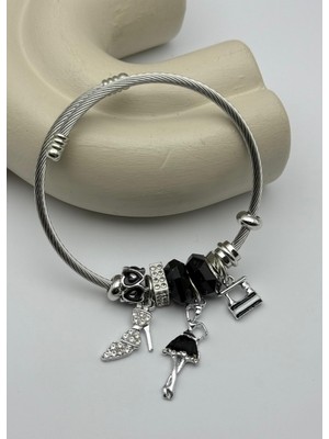 Biju Yılmaz Çelik Silver Taşlı Topuklu Ayakkabı Siyah Kadın Figürlü Charmlı Pandora Bileklik - 26BLK54