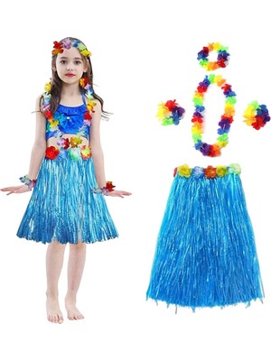 Aesco Mey Ithalat® Yetişkin ve Çocuk Uyumlu Hawaii Luau Aloha Mavi Püsküllü Etek Kolye Taç ve 2 Adet Bileklik Seti