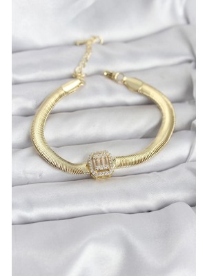 Aesco Mey Ithalat® 316L Çelik Gold Renk Baget Zirkon Taşlı Yılan Zincirli Kadın Bileklik