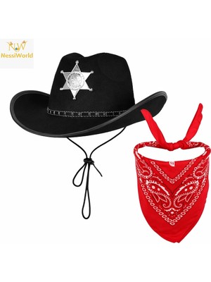 Aesco Mey Ithalat® Çocuk Kovboy Şapka Rozetli Siyah &amp; Kırmızı Bandana Seti