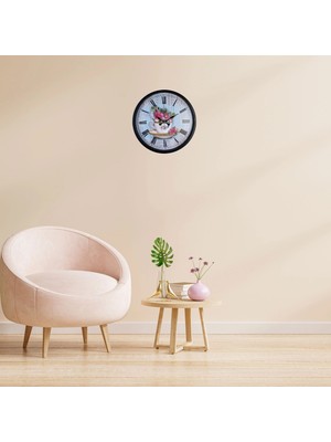 Aesco Mey Ithalat® Siyah Floral Tea Cup Duvar Saati
