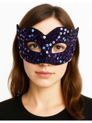 Aesco Mey Ithalat® Mor Renk Arkadan Lastikli Pul Payet Işlemeli Balo After Parti Maskesi