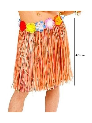 Aesco Mey Ithalat® Yetişkin ve Çocuk Uyumlu Turuncu Renk Püsküllü Hawaii Luau Hula Etek 40 cm