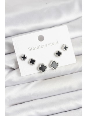 Aesco Mey Ithalat® 316L Çelik Gümüş Renk Zirkon Taşlı Yonca Model Kadın Küpe Seti