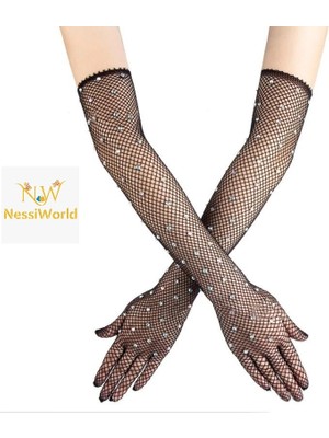 Aesco Mey Ithalat® Siyah Renk Incili Elmas Işlemeli File Örgü Uzun Eldiven 45 cm