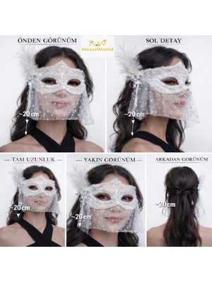 Aesco Mey Ithalat® Beyaz Dantel Tüllü Peçeli Parti Maskesi – Tüylü Inci Detaylı
