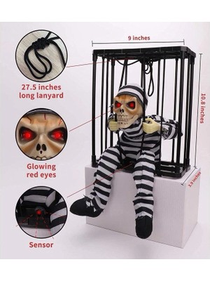 Aesco Mey Ithalat® Hareketli Sesli Sensörlü Mahkum Görünümlü Kuru Kafa Iskelet Dekorasyon 22X27 cm