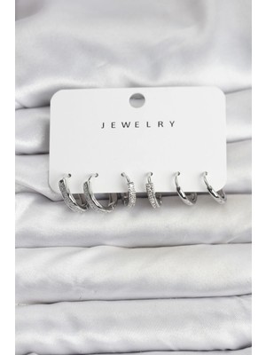 Aesco Mey Ithalat® Zirkon Taşlı Gümüş Renk Pirinç Kadın Küpe Seti