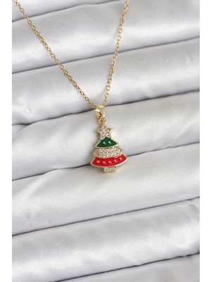 Aesco Mey Ithalat® 316L Çelik Zincir Gold Ren Çam Ağacı Model Zirkon Taşlı Yılbaşı Temalı Kadın Kolye