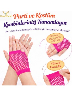 Aesco Mey Ithalat® 80’ler 90’lar Retro Neon Fuşya Şeker Pembesi File Parmaksız Kısa Eldiven 11 cm