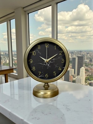 Aesco Mey Ithalat® Eskitme Mermer Desenli 25 x 20 cm Metal Masa Saati