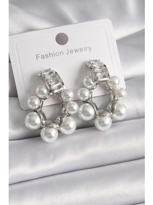 Aesco Mey Ithalat® Pirinç Gümüş Renk Su Yolu Zirkon Taşlı Incili Halka Model Kadın Küpe