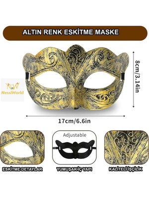 Aesco Mey Ithalat® Altın Renk Eskitme Maskeli Balo Maskesi – Venedik Tarzı Parti Maskesi