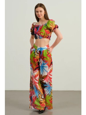 Tropikal Desenli Crop Bluz & Palazzo Pantolon Takım