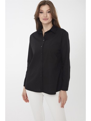 Desen Triko Kadın Koton Uzun Gömlek Siyah