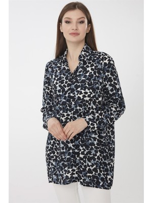 Desen Triko Kadın Leopar Desenli Gömlek Indigo